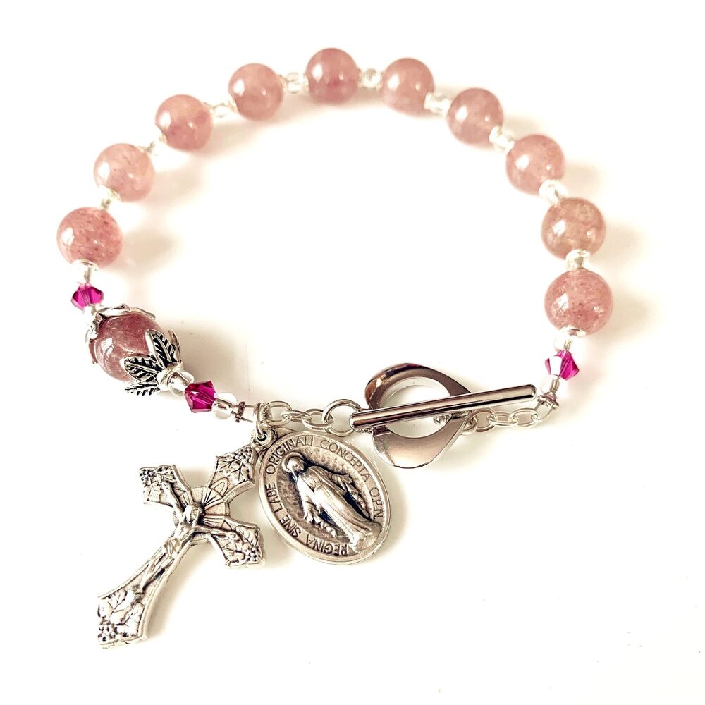 6999 UNDOUBTED strawberry quartz BEADS BRACELET CROSS Silver flower Travel